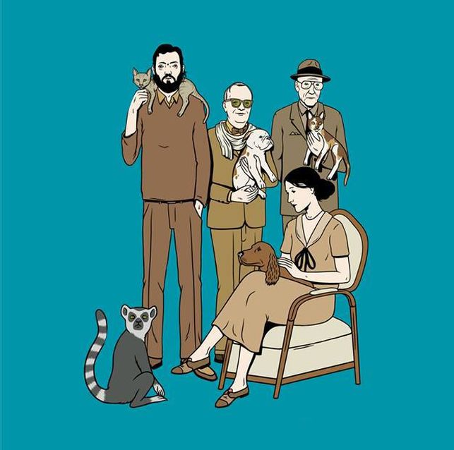 Julio Cortázar, Truman Capote, William Burroughs y Virginia Woolf con sus amigos no humanos. Ilustración de portada del libro 'Perros, gatos y lémures. Los escritores y sus animales' (Errata Naturae Editores, 2011) ©David Sánchez.