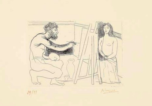 En 1931, Pablo Picasso, fascinado por La obra maestra desconocida de Balzac, realizó una serie de 13 aguafuertes. Los grabados representan sus divagaciones entre él y su modelo en pleno acto de creación, como el tema principal.